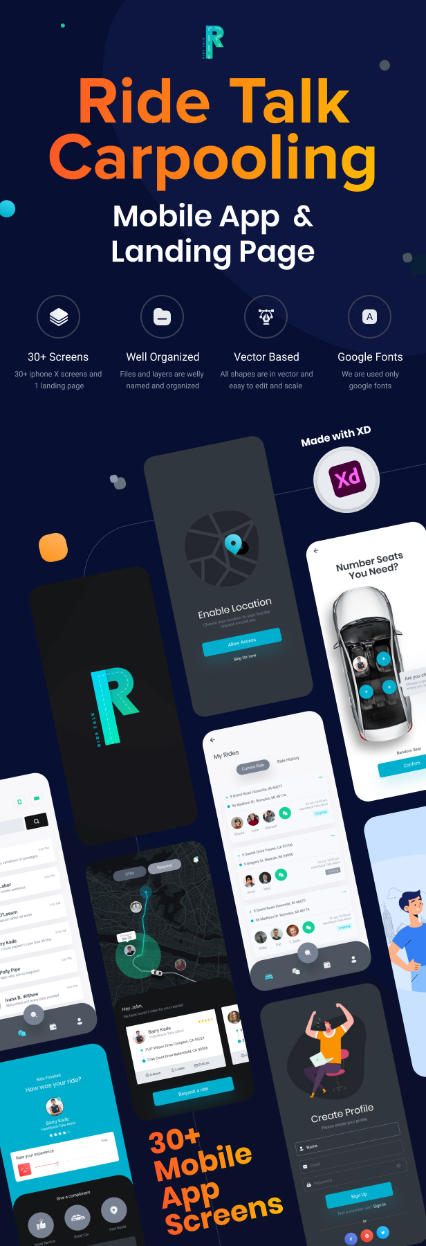 RideTalk | A Carpooling Mobile App and Landing Page Adobe XD Template - 2